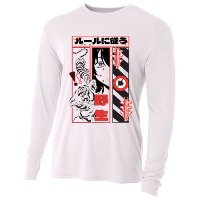 Wild, Follow The Rules Japanese Text With Tiger And Anime Girl Cooling Performance Long Sleeve Crew
