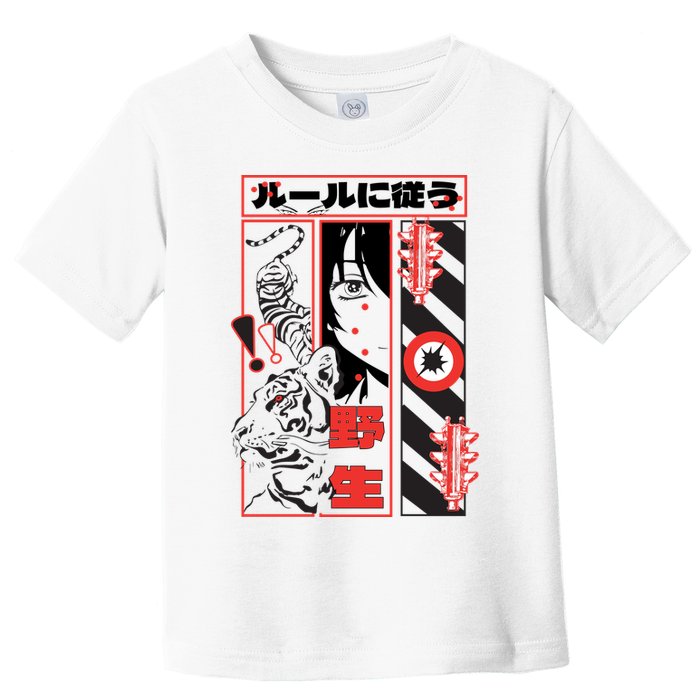 Wild, Follow The Rules Japanese Text With Tiger And Anime Girl Toddler T-Shirt