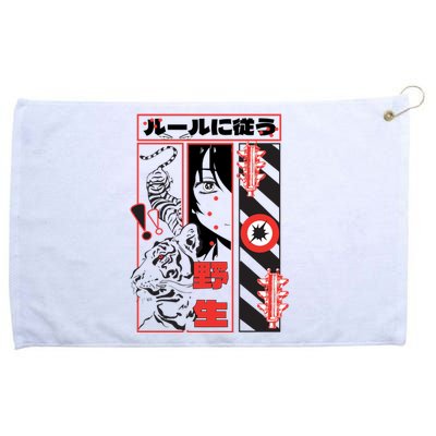 Wild, Follow The Rules Japanese Text With Tiger And Anime Girl Grommeted Golf Towel