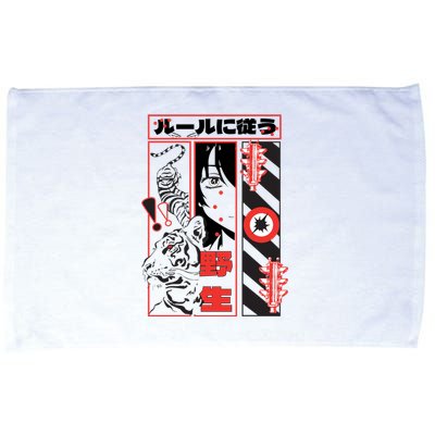 Wild, Follow The Rules Japanese Text With Tiger And Anime Girl Microfiber Hand Towel