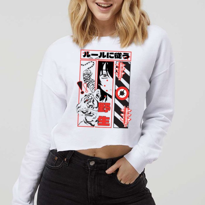 Wild, Follow The Rules Japanese Text With Tiger And Anime Girl Cropped Pullover Crew