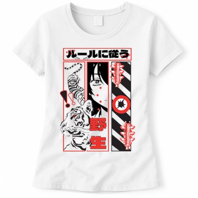 Wild, Follow The Rules Japanese Text With Tiger And Anime Girl Womens T-Shirt