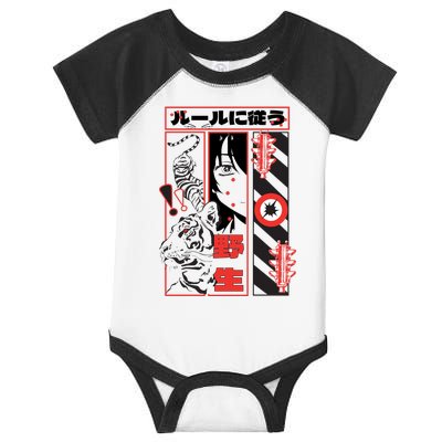 Wild, Follow The Rules Japanese Text With Tiger And Anime Girl Infant Baby Jersey Bodysuit