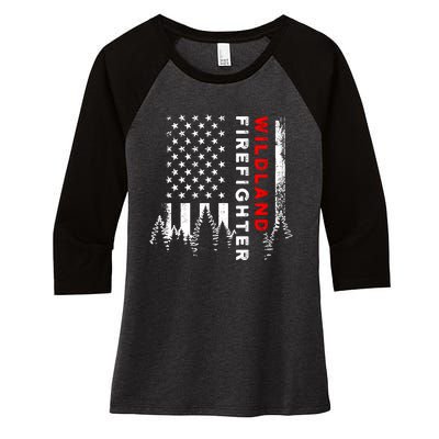 Wildland Firefighter Us Flag Fire Women's Tri-Blend 3/4-Sleeve Raglan Shirt