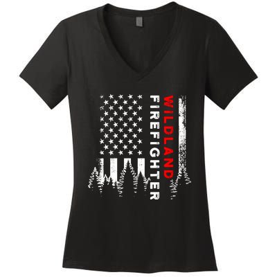 Wildland Firefighter Us Flag Fire Women's V-Neck T-Shirt