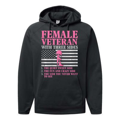 Womens Female Veteran With Three Sides Women Veteran Mother Grandma Performance Fleece Hoodie