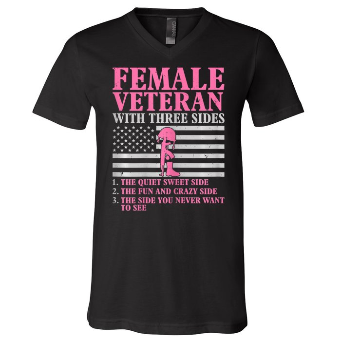 Womens Female Veteran With Three Sides Women Veteran Mother Grandma V-Neck T-Shirt