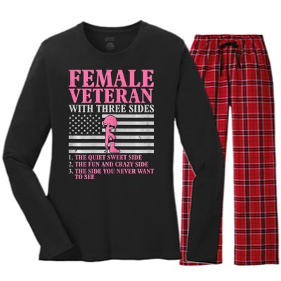 Womens Female Veteran With Three Sides Women Veteran Mother Grandma Women's Long Sleeve Flannel Pajama Set 