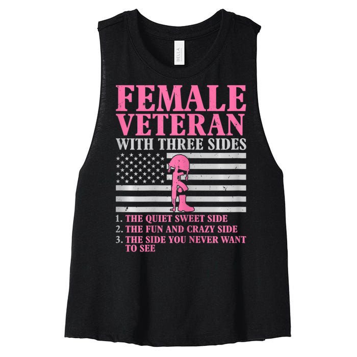 Womens Female Veteran With Three Sides Women Veteran Mother Grandma Women's Racerback Cropped Tank