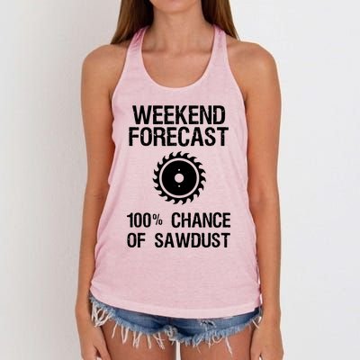 Woodworking Funny Weekend Forecast Sawdust Women's Knotted Racerback Tank