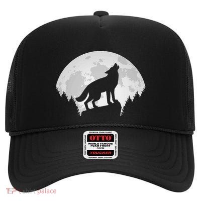 Wolf Forest Wildlife Wild Animal Wilderness Wolves Moon High Crown Mesh Back Trucker Hat