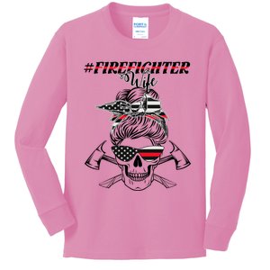 Wo Firefighter Wife Messy Bun Cute Fire Funny Gift Kids Long Sleeve Shirt