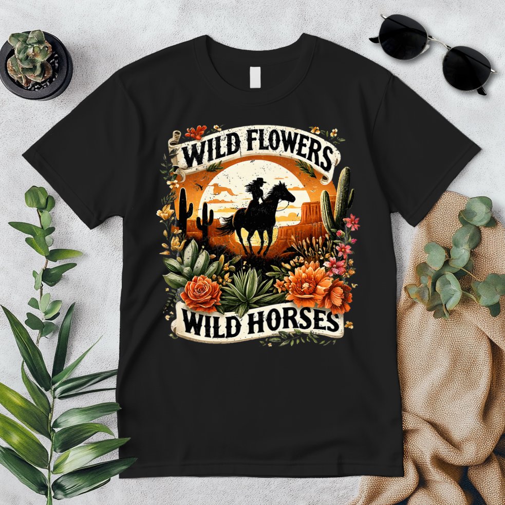 Wild Flowers Wild Horses Southern Cowgirl Riding Horse Premium T-Shirt
