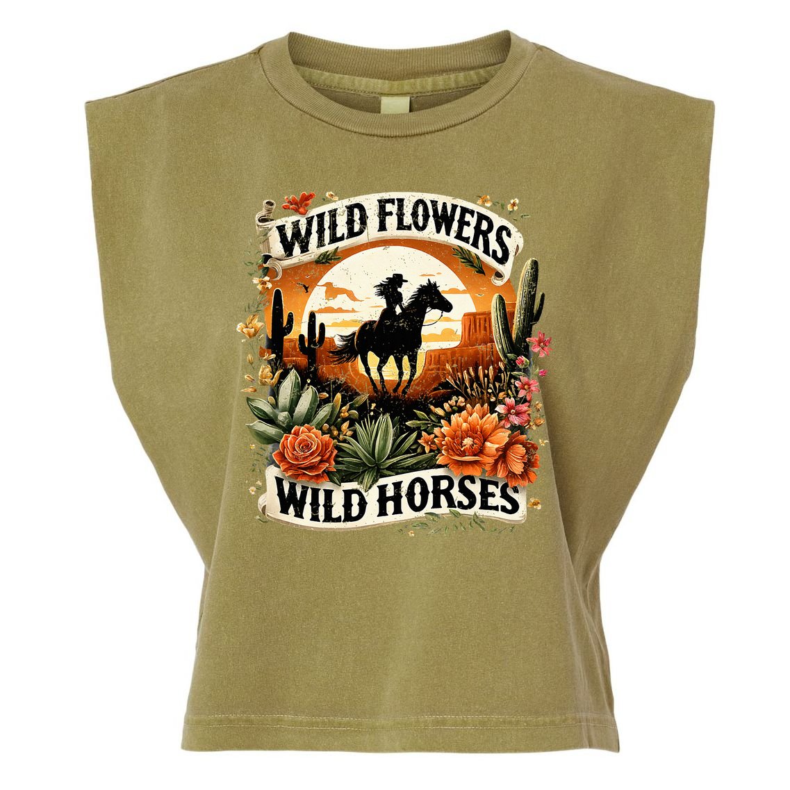 Wild Flowers Wild Horses Southern Cowgirl Riding Horse Garment-Dyed Women's Muscle Tee