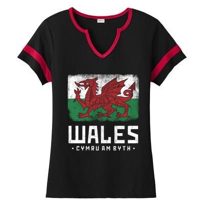 Wales Flag Welsh Dragon Banner Cymru Am Byth Welsh Gift Ladies Halftime Notch Neck Tee