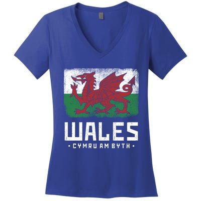 Wales Flag Welsh Dragon Banner Cymru Am Byth Welsh Gift Women's V-Neck T-Shirt