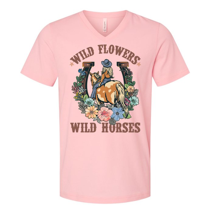 Wild Flowers Wild Horses Cowgirl V-Neck T-Shirt