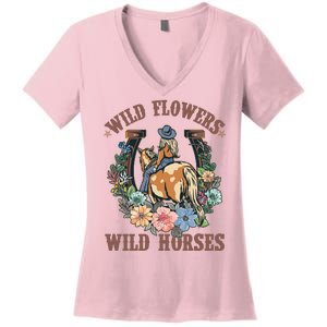 Wild Flowers Wild Horses Cowgirl Women's V-Neck T-Shirt