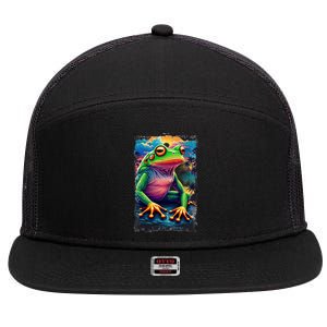 Watercolor Frog 7 Panel Mesh Trucker Snapback Hat