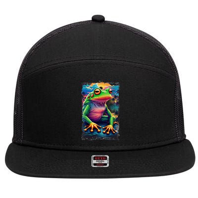 Watercolor Frog 7 Panel Mesh Trucker Snapback Hat