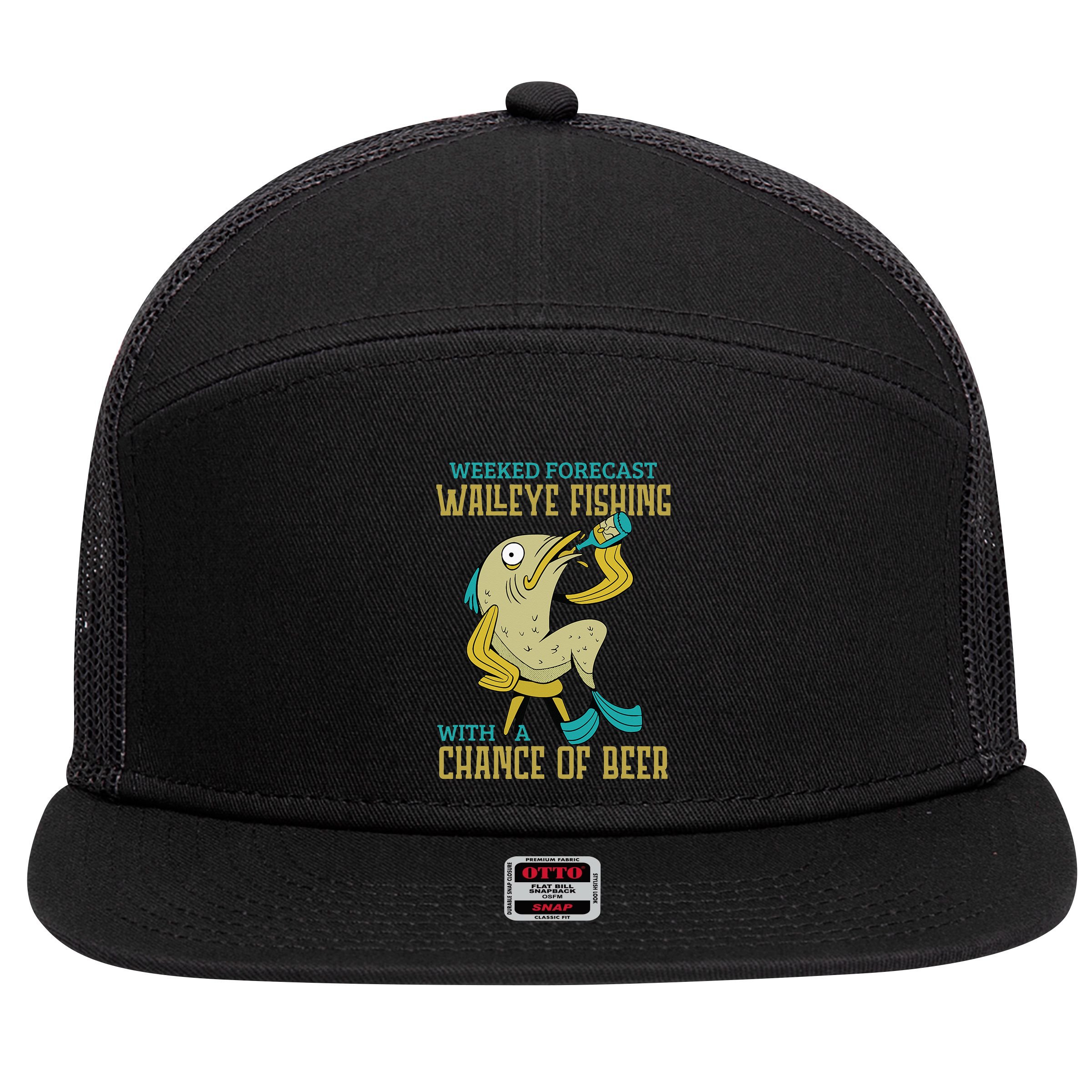 Weekend Forecast Walleye Fishing With A Chance Of Beer 7 Panel Mesh Trucker Snapback Hat