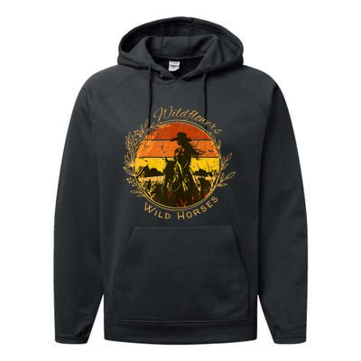 Wild Flowers Wild Horses Vintage Sunset Country Cowgirl Performance Fleece Hoodie