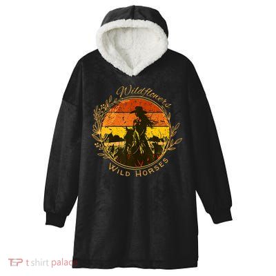 Wild Flowers Wild Horses Vintage Sunset Country Cowgirl Hooded Wearable Blanket