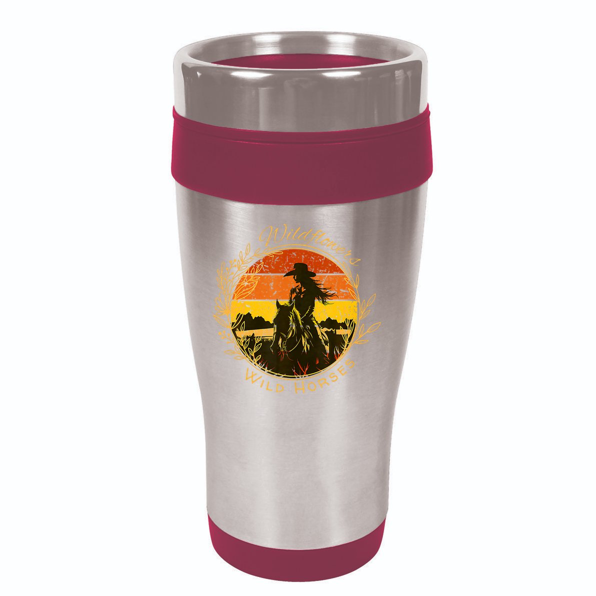 Wild Flowers Wild Horses Vintage Sunset Country Cowgirl 16oz Travel Tumbler