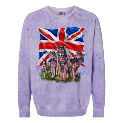 Wolf Family With Union Jack Flag Gift Colorblast Crewneck Sweatshirt