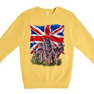 Wolf Family With Union Jack Flag Gift Premium Crewneck Sweatshirt