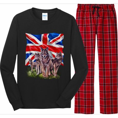 Wolf Family With Union Jack Flag Gift Long Sleeve Pajama Set