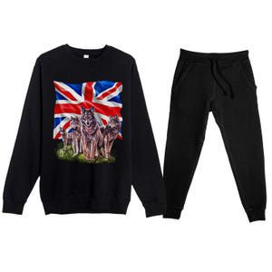 Wolf Family With Union Jack Flag Gift Premium Crewneck Sweatsuit Set