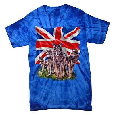 Wolf Family With Union Jack Flag Gift Tie-Dye T-Shirt