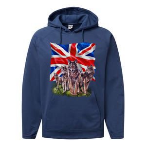 Wolf Family With Union Jack Flag Gift Performance Fleece Hoodie