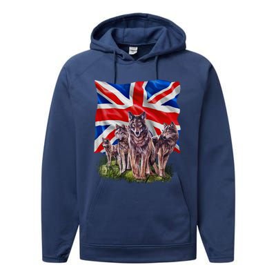 Wolf Family With Union Jack Flag Gift Performance Fleece Hoodie