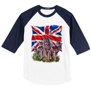 Wolf Family With Union Jack Flag Gift Baseball Sleeve Shirt