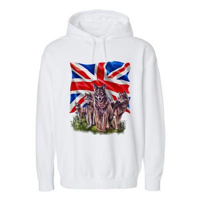 Wolf Family With Union Jack Flag Gift Garment-Dyed Fleece Hoodie