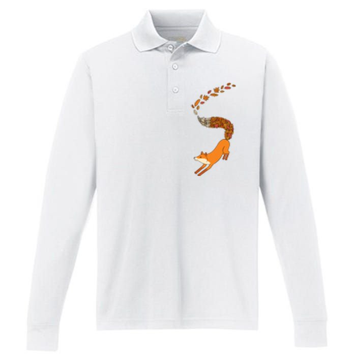 Whimsical Fox With Falling Leaves Performance Long Sleeve Polo