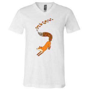 Whimsical Fox With Falling Leaves V-Neck T-Shirt