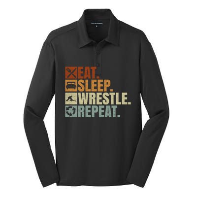 Wrestling Fans Wrestling Lovers Eat Sleep Wrestle Repeat Gift Silk Touch Performance Long Sleeve Polo