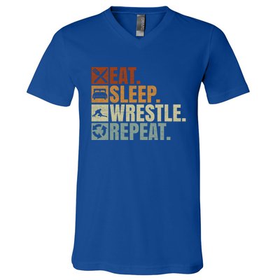 Wrestling Fans Wrestling Lovers Eat Sleep Wrestle Repeat Gift V-Neck T-Shirt