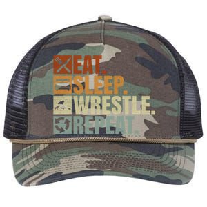 Wrestling Fans Wrestling Lovers Eat Sleep Wrestle Repeat Gift Retro Rope Trucker Hat Cap