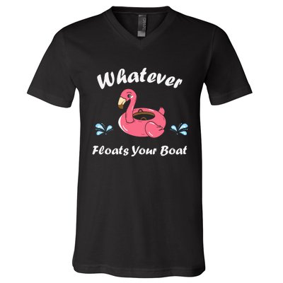 Whatever Floats Your Boat Funny Flamingo V-Neck T-Shirt