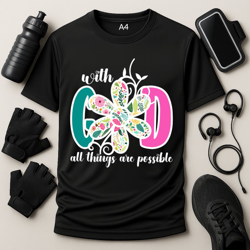 With God All Things Are Possible Floral Faith Cooling Performance Crew T-Shirt