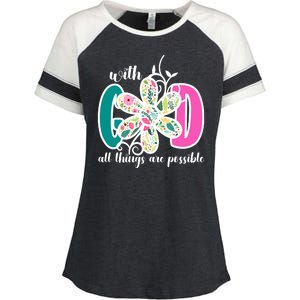 With God All Things Are Possible Floral Faith Enza Ladies Jersey Colorblock Tee