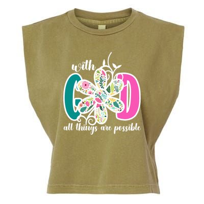 With God All Things Are Possible Floral Faith Garment-Dyed Women's Muscle Tee
