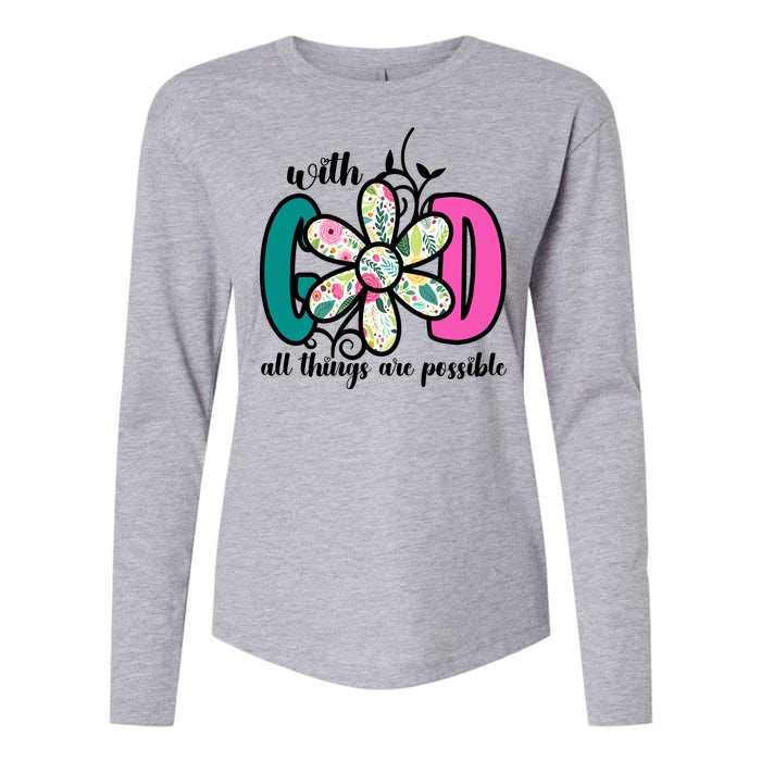 With God All Things Are Possible Floral Faith Womens Cotton Relaxed Long Sleeve T-Shirt