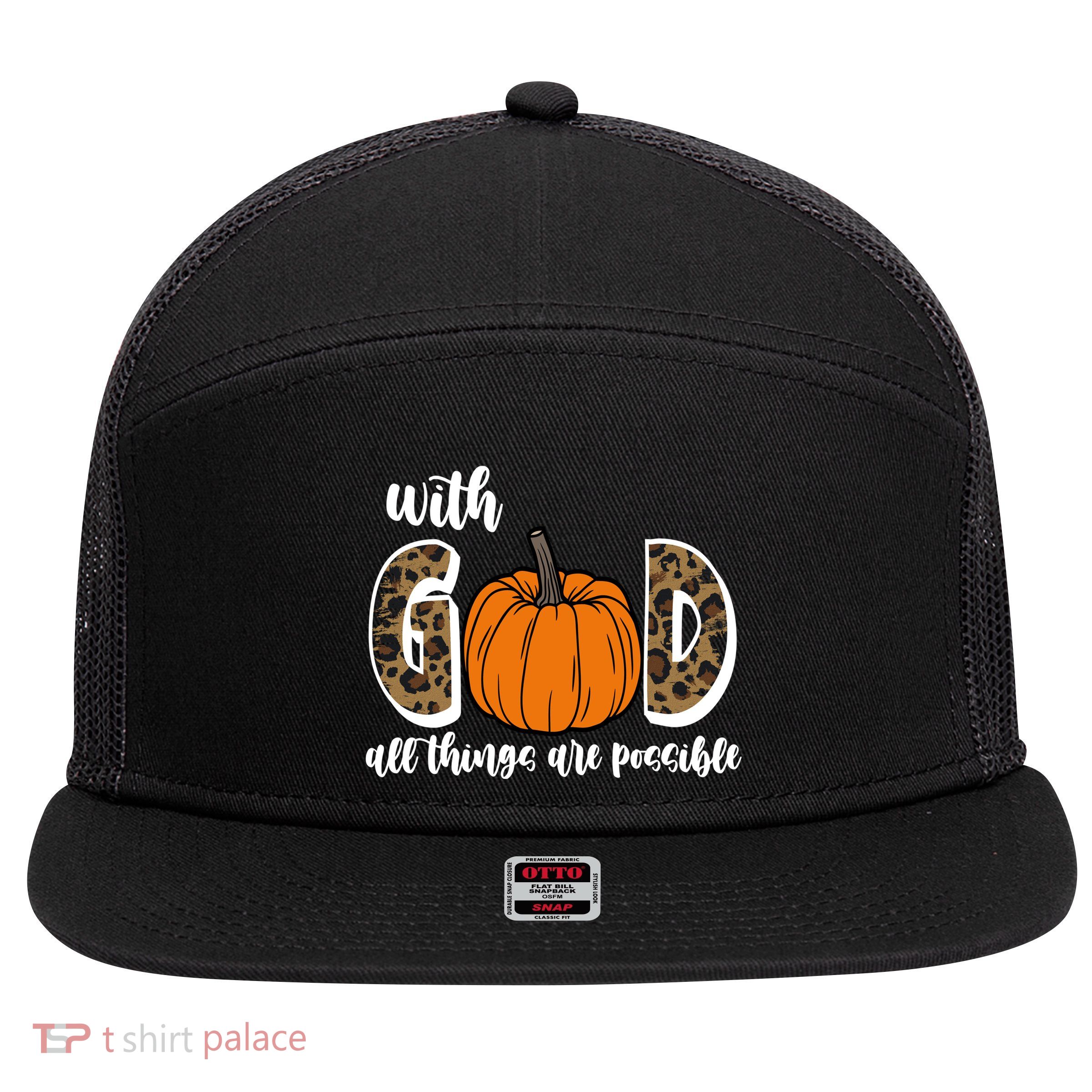 With God All Things Are Possible Fall Pumpkin 7 Panel Mesh Trucker Snapback Hat