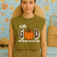 With God All Things Are Possible Fall Pumpkin Garment-Dyed Women's Muscle Tee
