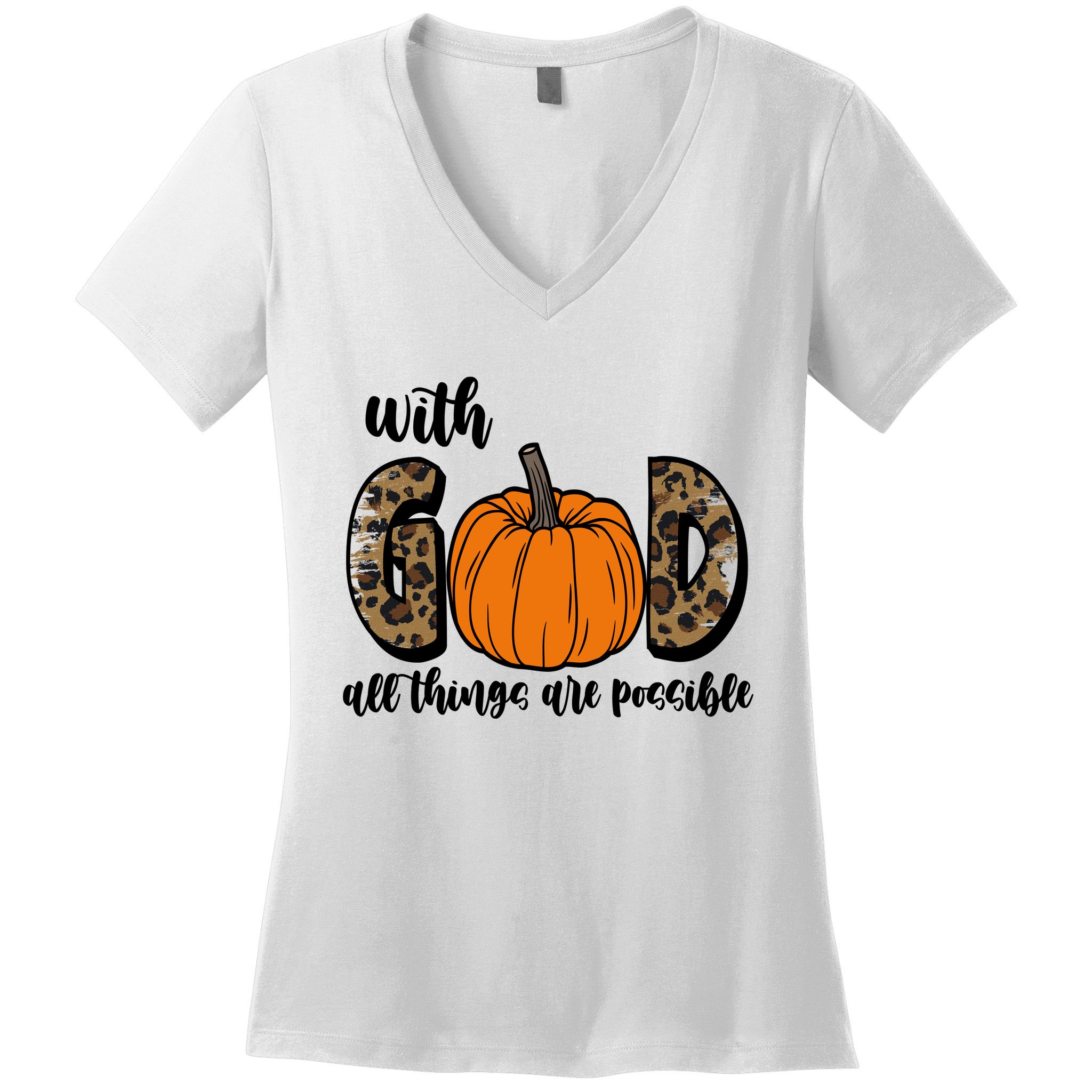 With God All Things Are Possible Fall Pumpkin Women's V-Neck T-Shirt